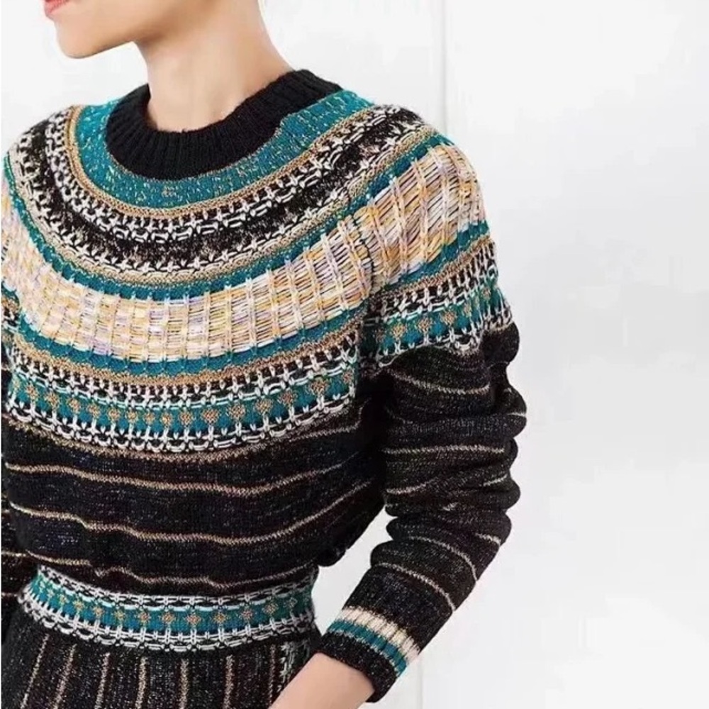 Egyptian Themed Black and Gold and Turquoise Crewneck Patterned Sweater